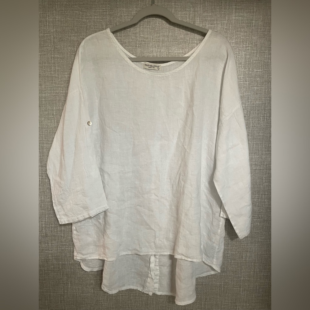 Terzo Millennio 100% Linen Relaxed Scoop Neck Linen Tunic - White